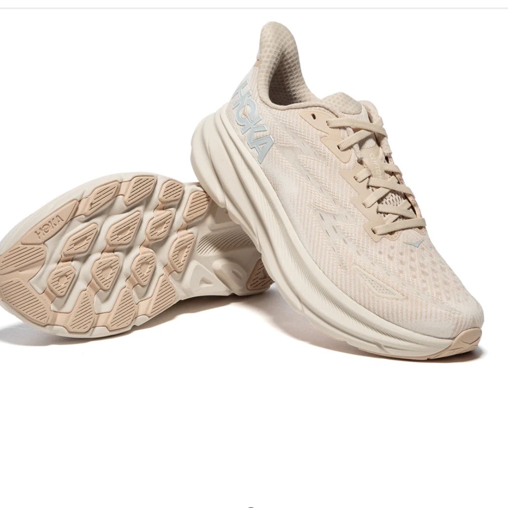 - HOKA WOMENS CLIFTON 9
(SHIFTING SAND/EGGNOG)
$169 size 8 B
